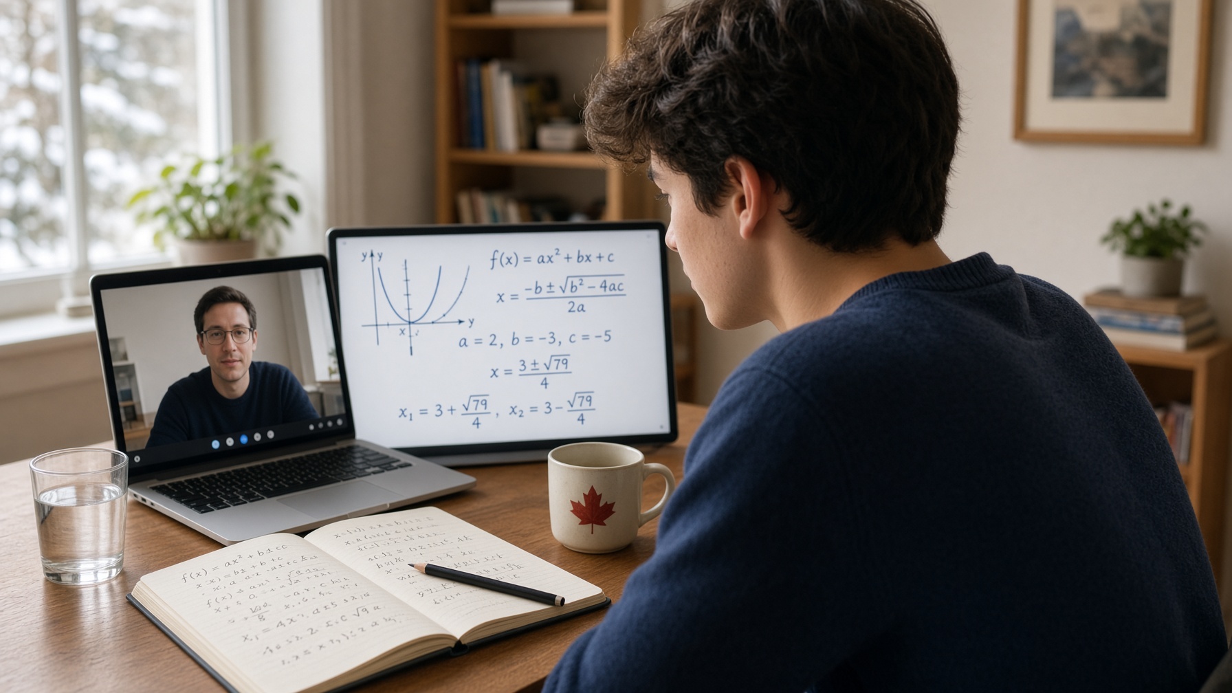 Élève en séance de tutorat mathématique en ligne, tableau interactif à l’écran
